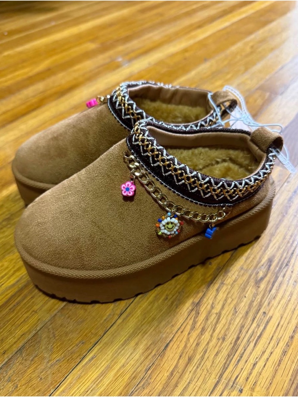 Kids Brown Cozy Slip-On Boots with Decorative Charms